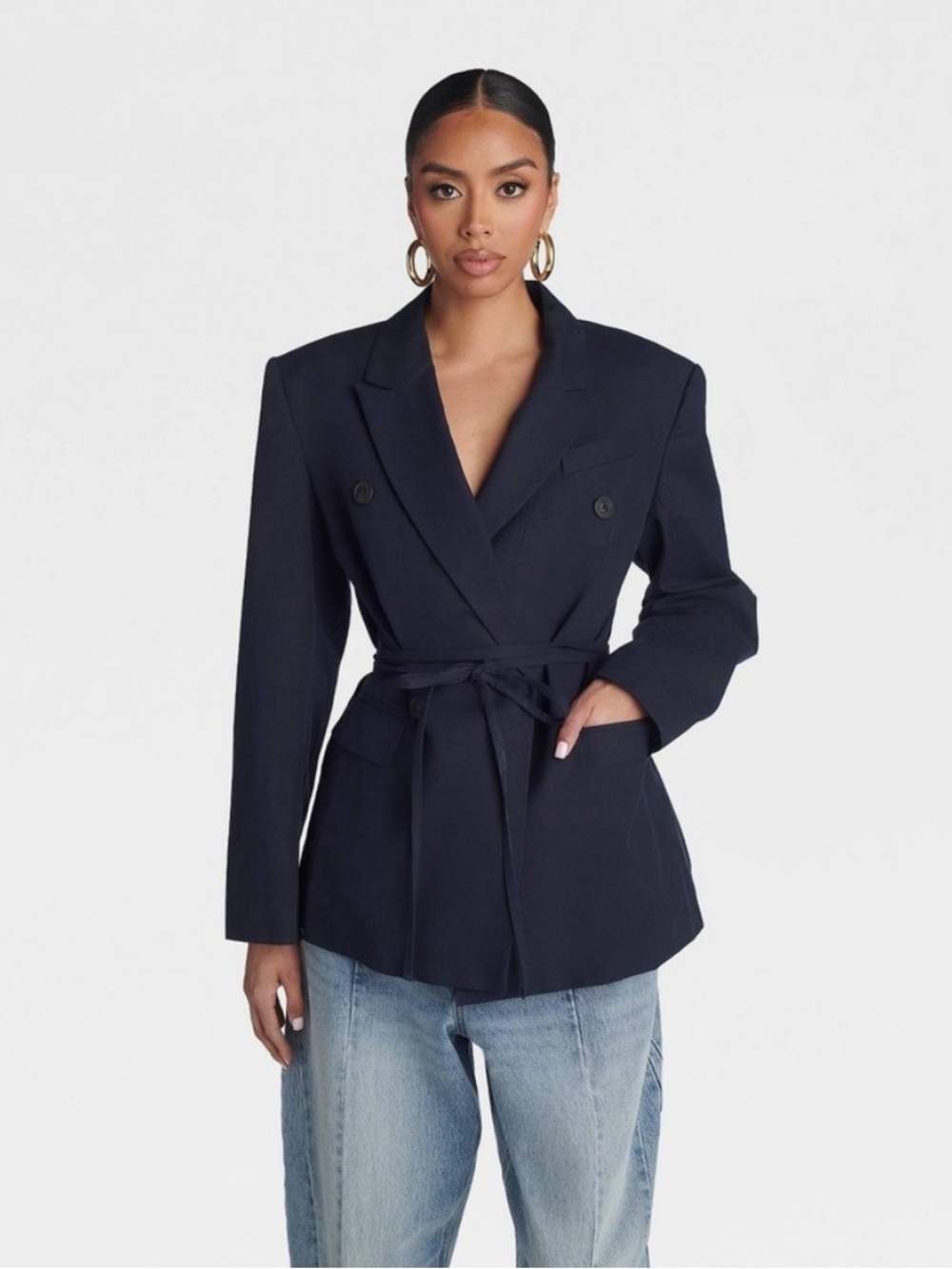 KBB the Erin blazer in navy blue tie waist